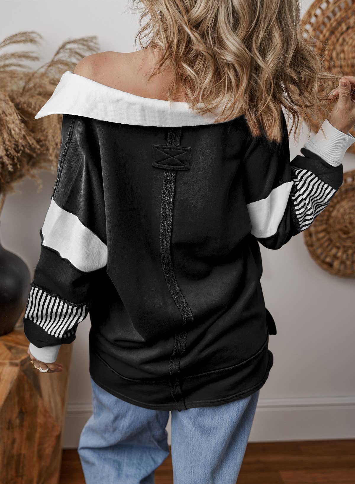 Deep V-Neck Striped And Colored-Color Hoodie