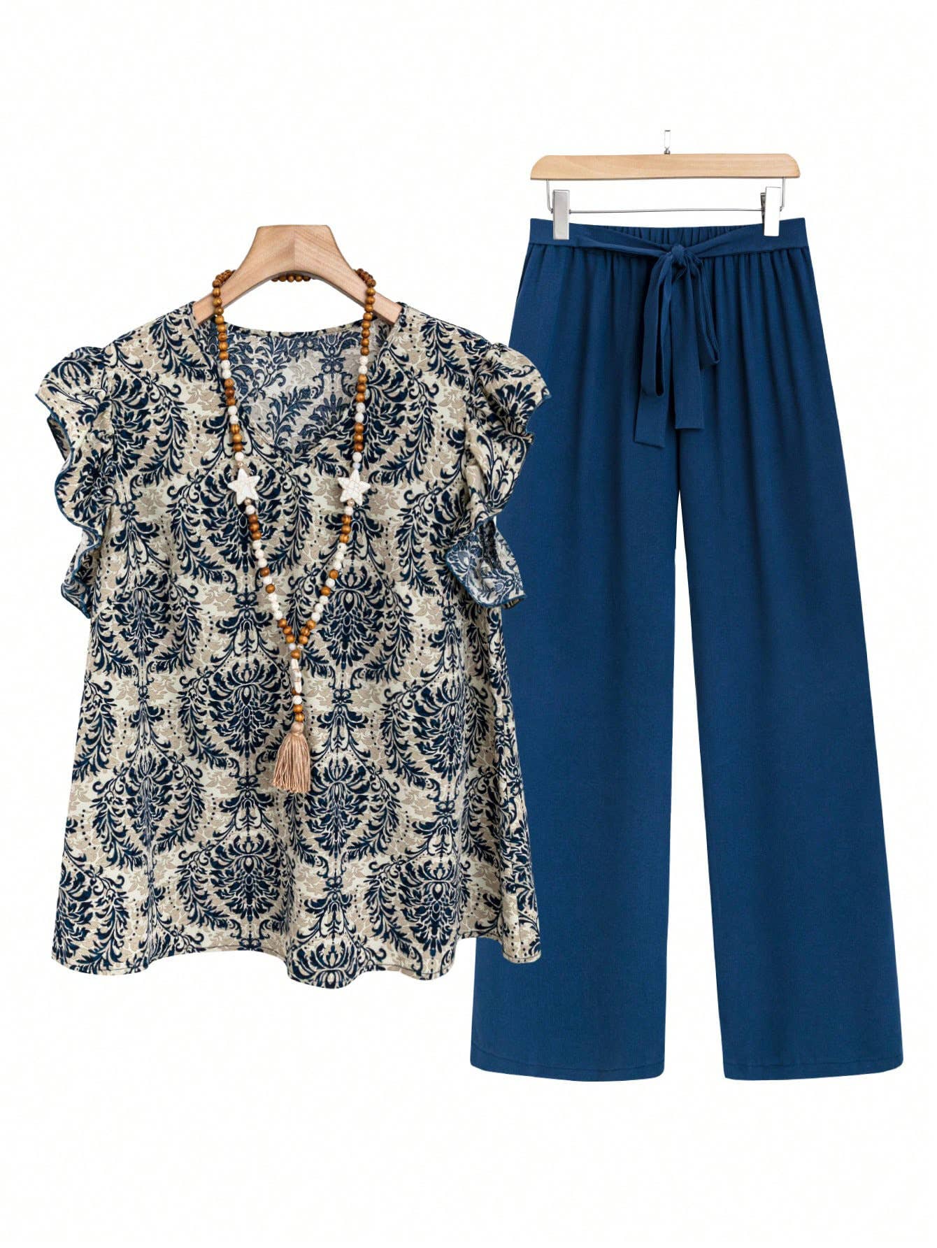 Loose printed T-shirt pantsuit with belt