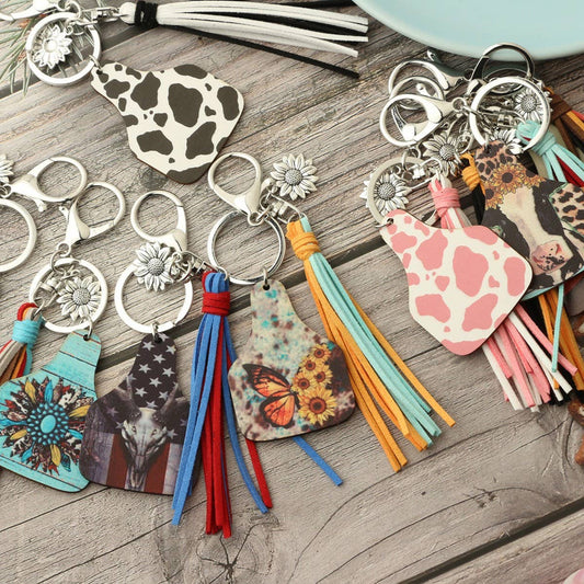 Western Bull Head Leather Tassel Sunflower Keychain_CWAB5089