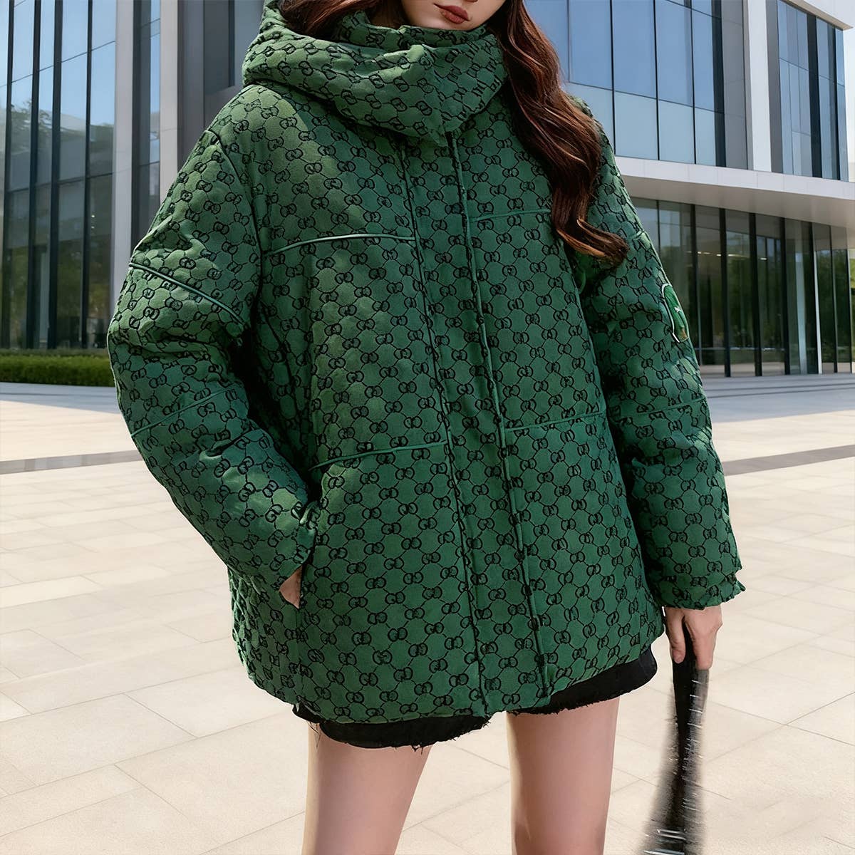 Stand-up collar short plaid hooded padded jacket