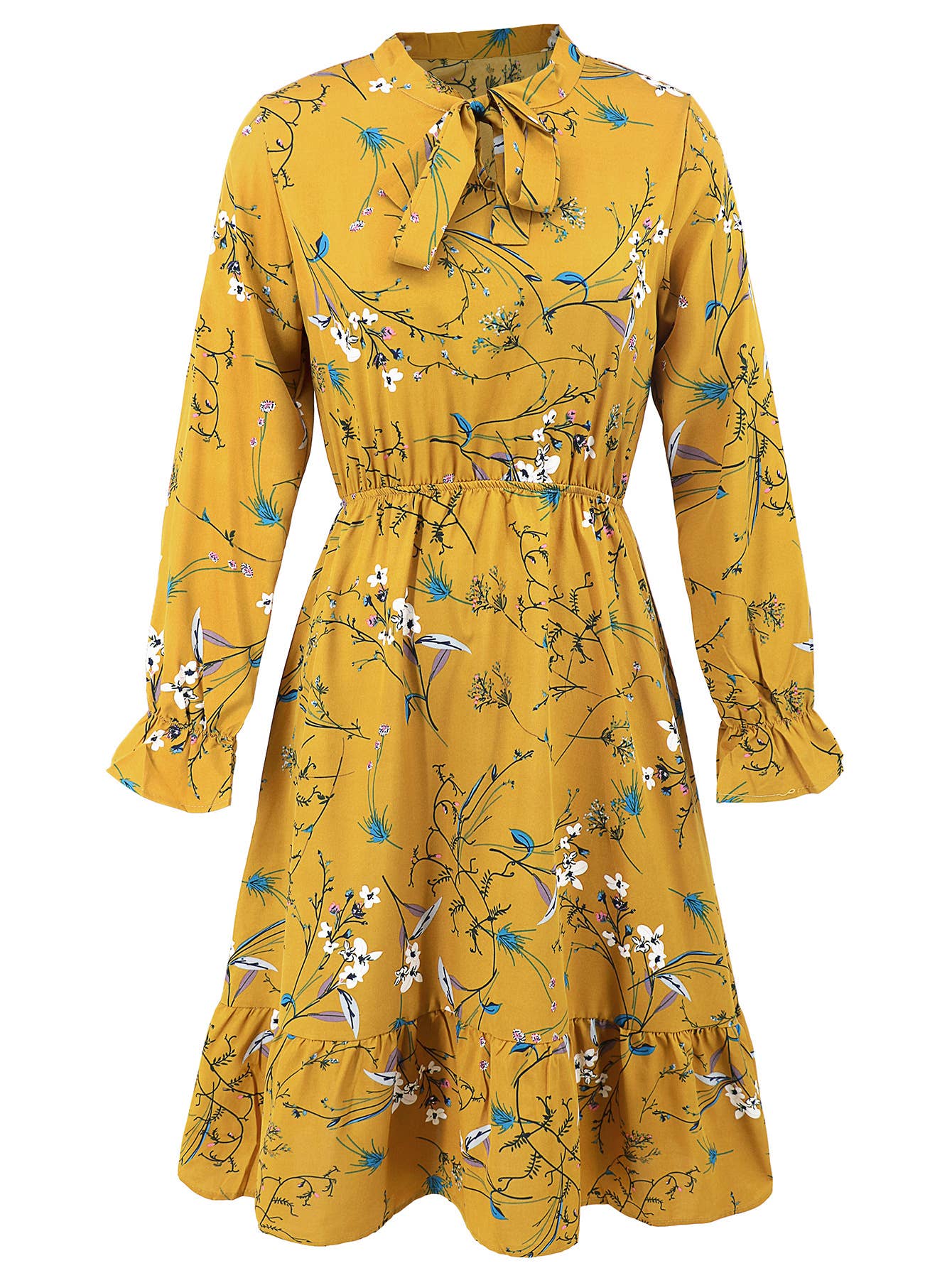 Waist-Cinched Floral Ruffle Bell Sleeve Dress