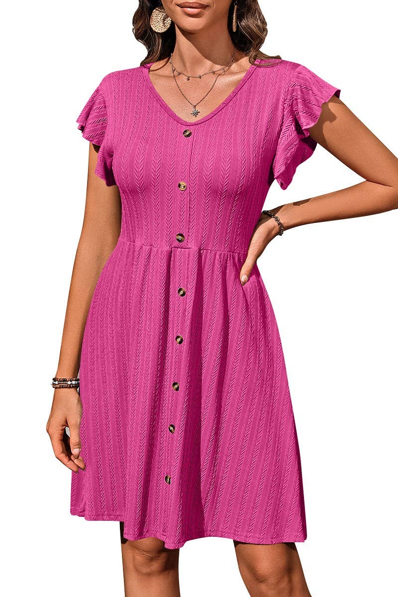 CWDSD6686_V-NECK BUTTON WAIST ELASTIC SHORT SLEEVE DRESS