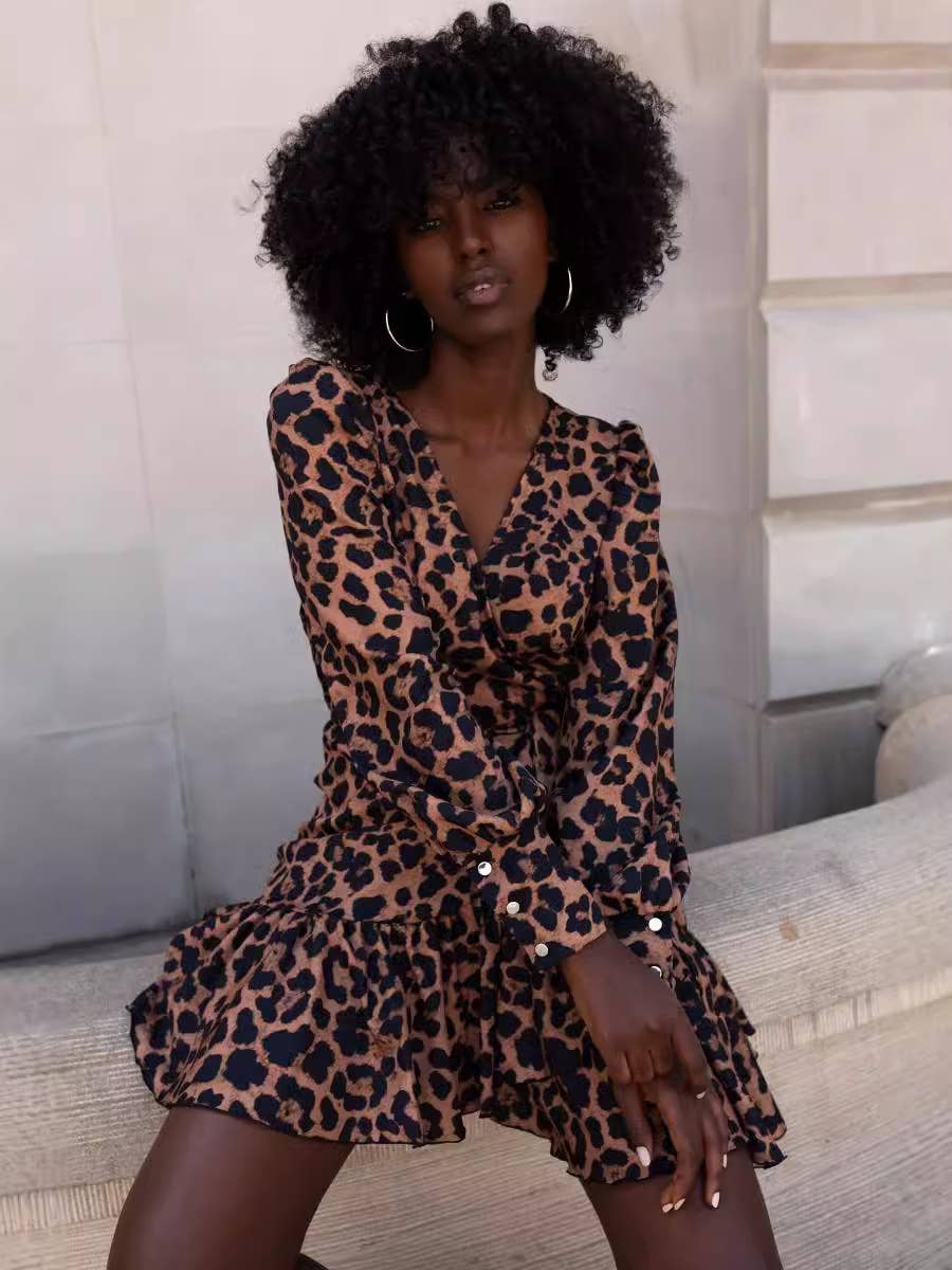 LONG-SLEEVED PUFFED SLEEVE V-NECK LACE-UP DRESS