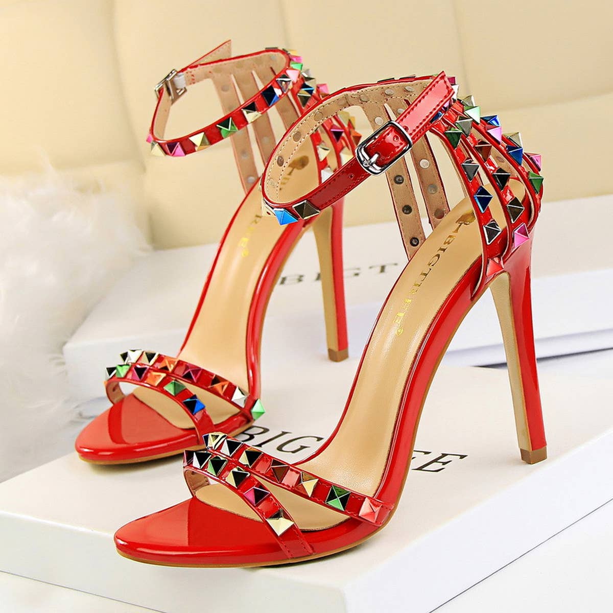 WOMEN STILETTO OPEN TOE STUDDED HIGH HEELS