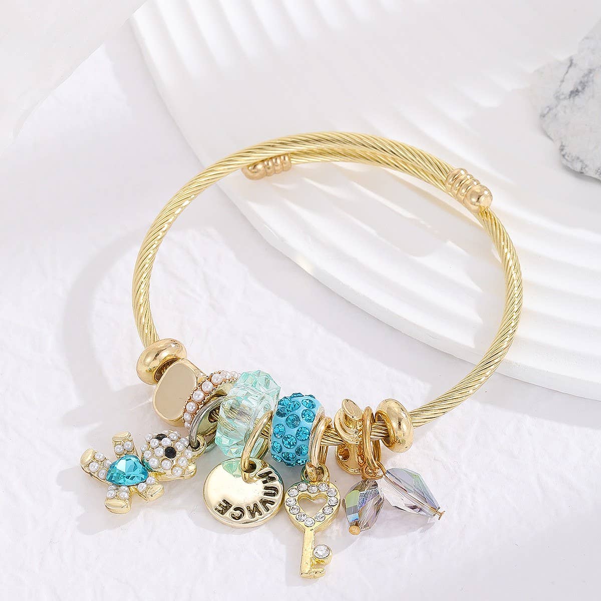 Elegant Alloy Couple Bracelet with Crystal Pendant