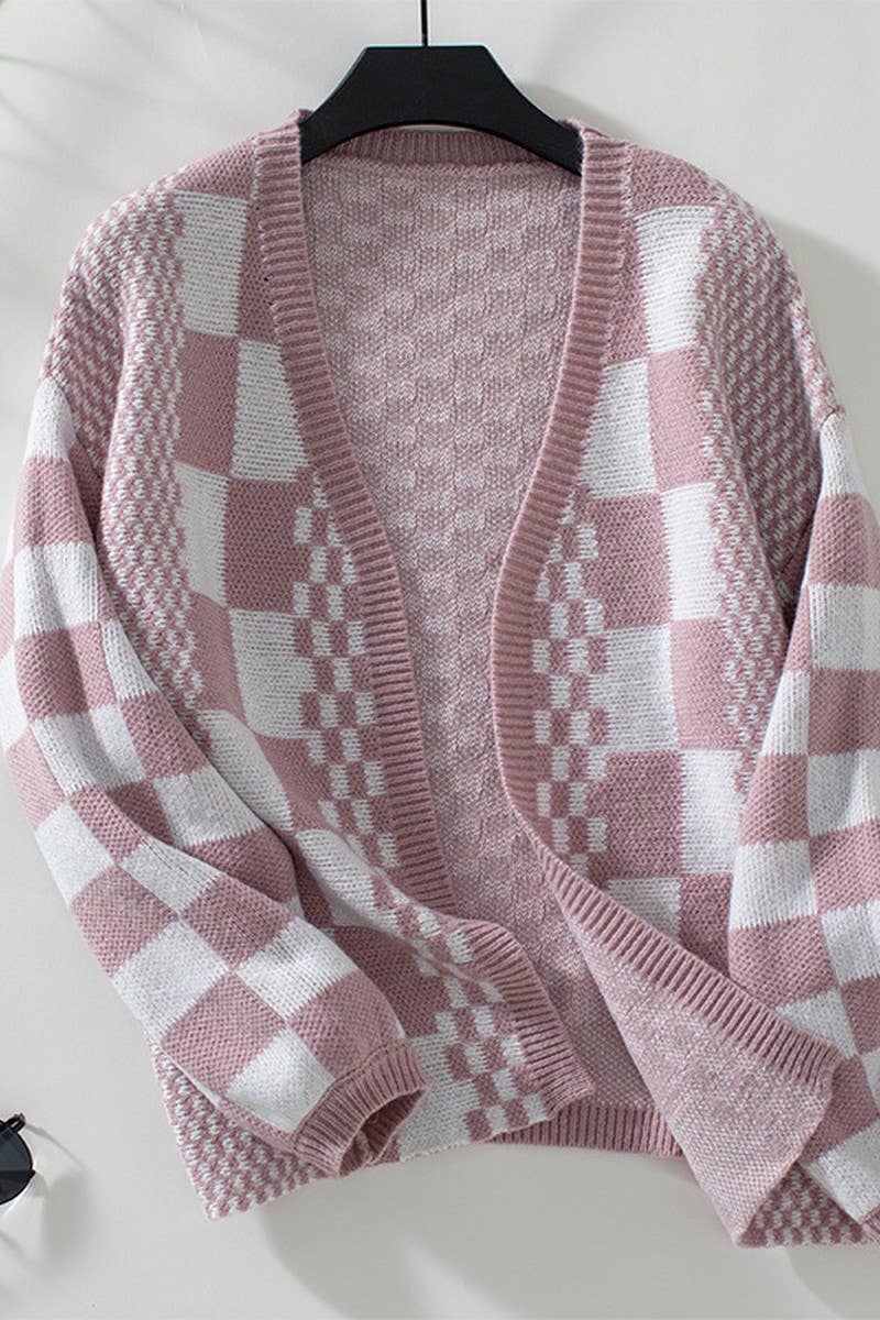 CWOCAL0867_CONTRAST CHECK BALLOON SLEEVE KNITTED CARDIGAN