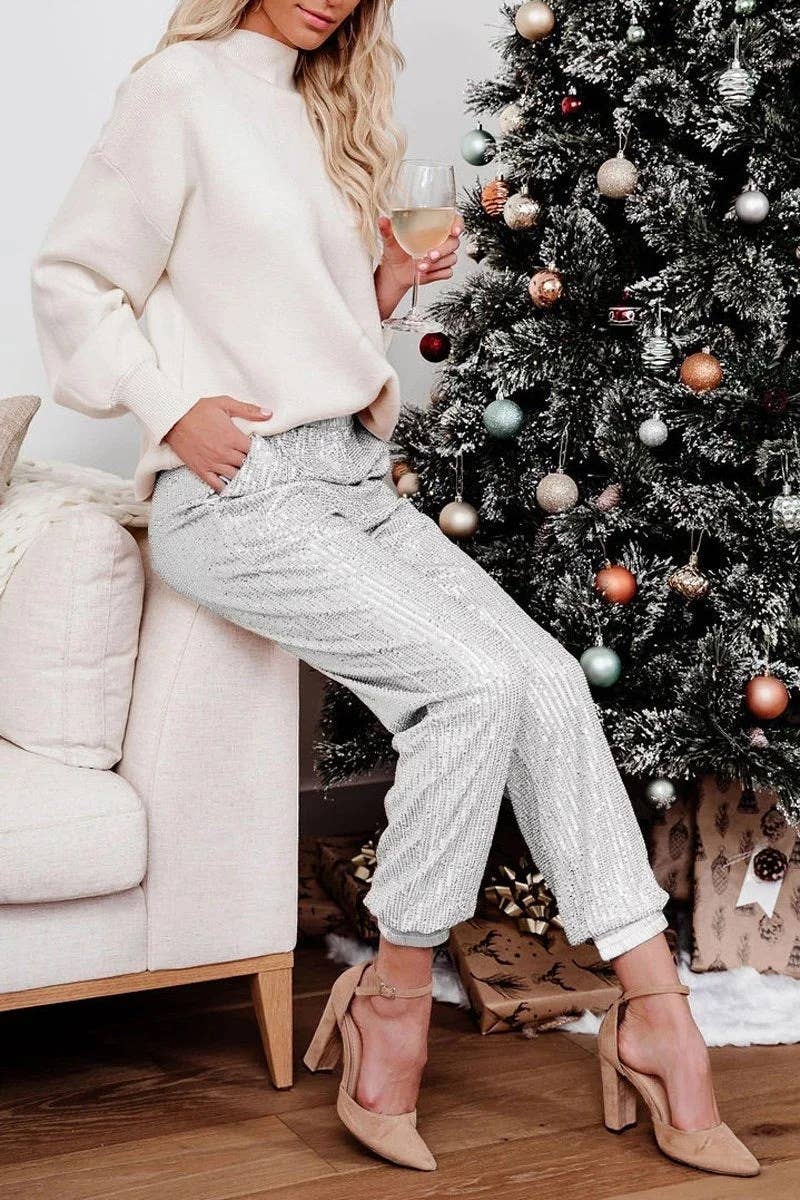 THIN ELASTIC LEG SEQUIN BASIC WOMEN'S PANTS
