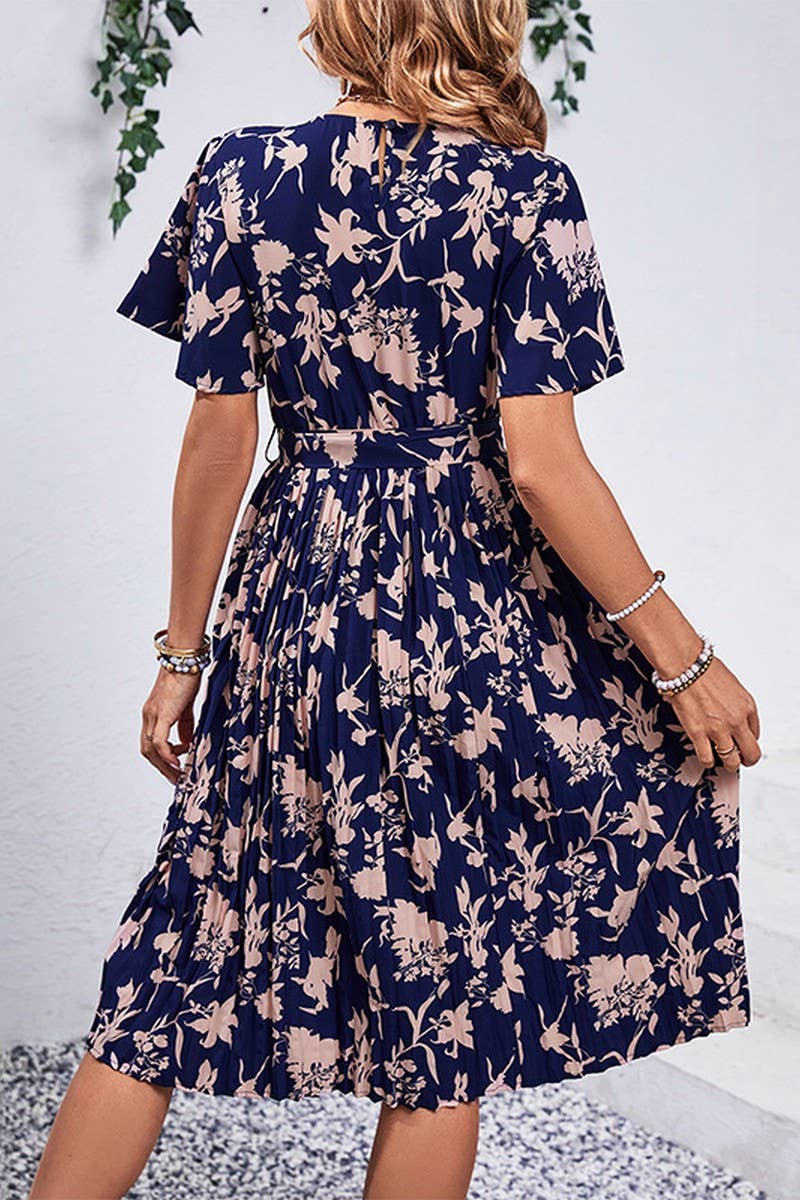 CWDSD2765_Round Neck Short Sleeve with belt Print Dress