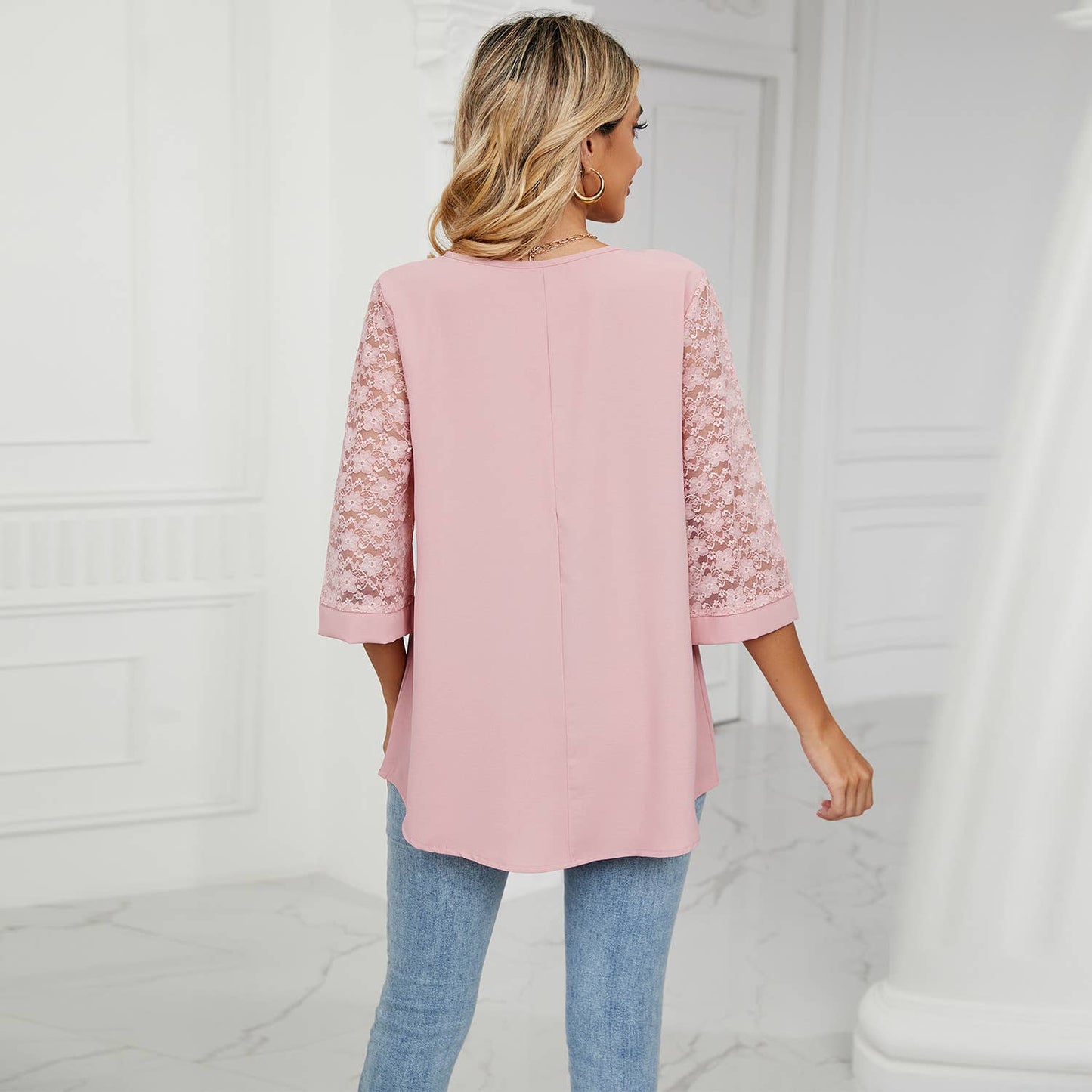 LACE HORN SLEEVE PATCHWORK CHIFFON BLOUSE
