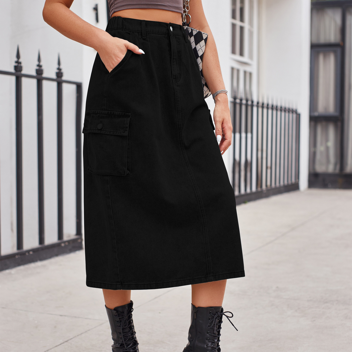 Women??¢s Washed Denim Cargo Midi Skirt Slim Fit_CWJSK0198