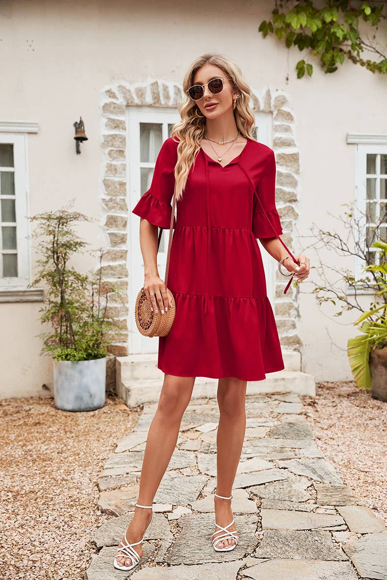 LACE-UP BOHEMIAN MINI DRESS WITH LOTUS SLEEVES