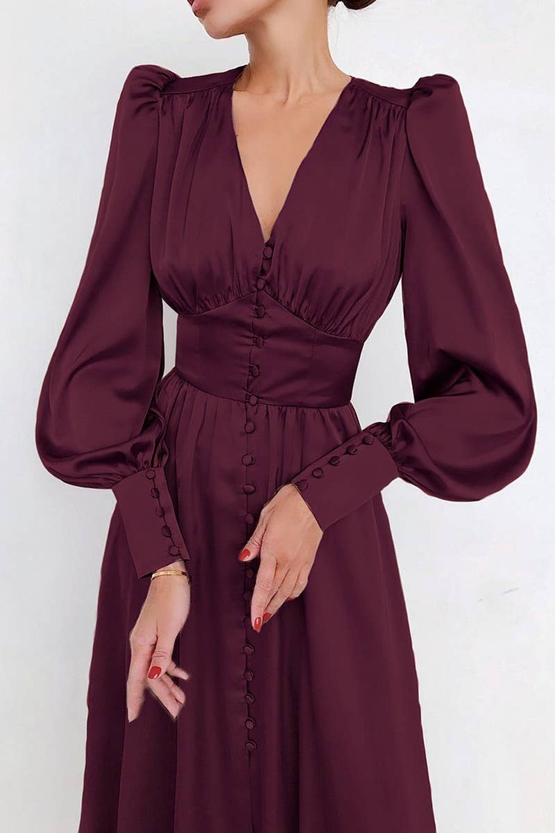 CWDMD4255_V-NECK SATIN PALACE RETRO LONG SLEEVE DRESS