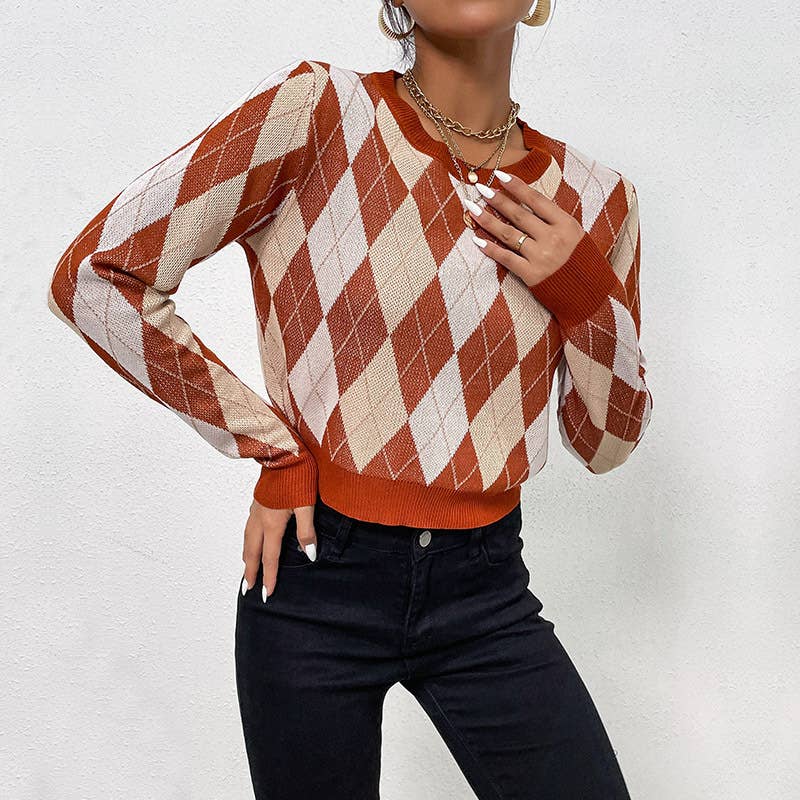 Vintage long sleeve short diamond check sweater