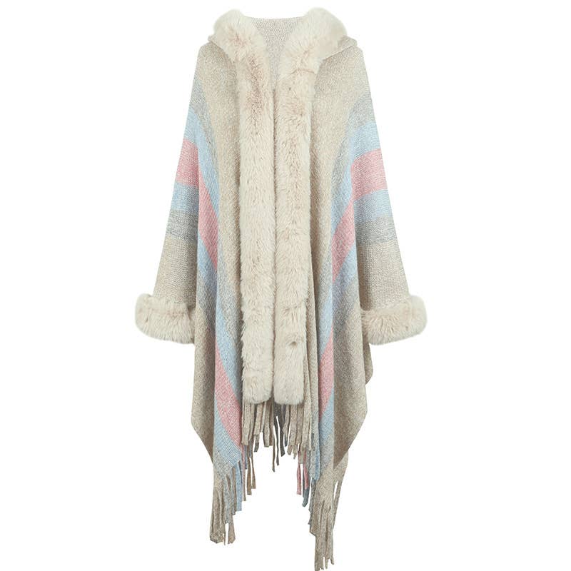 WOMEN'S HOODED CAPE STRIPED KNITTED FRINGE SHAWL