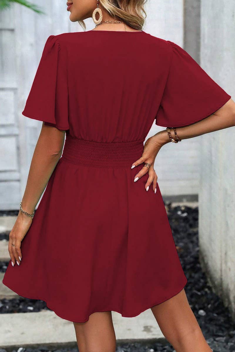 CWDSD7143_V-NECK LOTUS LEAF SLEEVE SOLID COLOR SKIRT DRESS