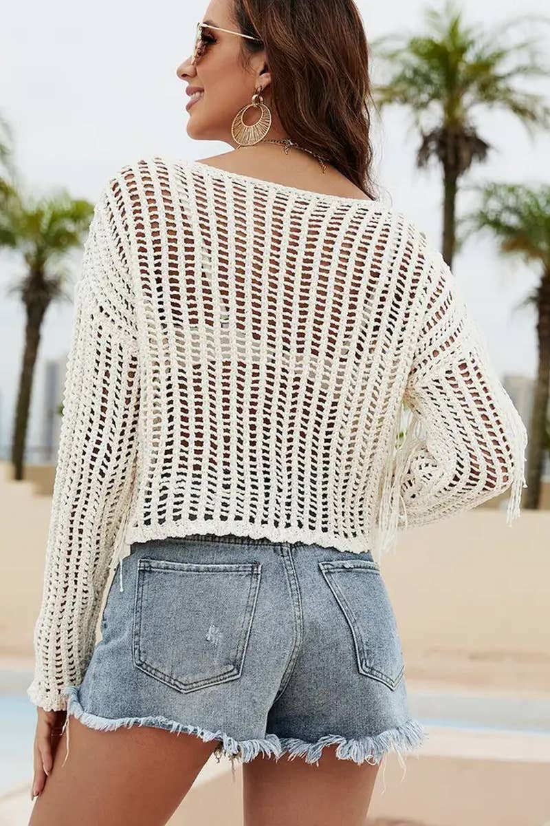 CWTBLS1757_FRINGED HOLLOW SOLID COLOR BIKINI BEACH COVER-UP