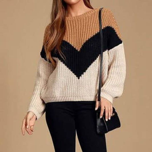 Irregular crew neck V-shaped pullover sweater