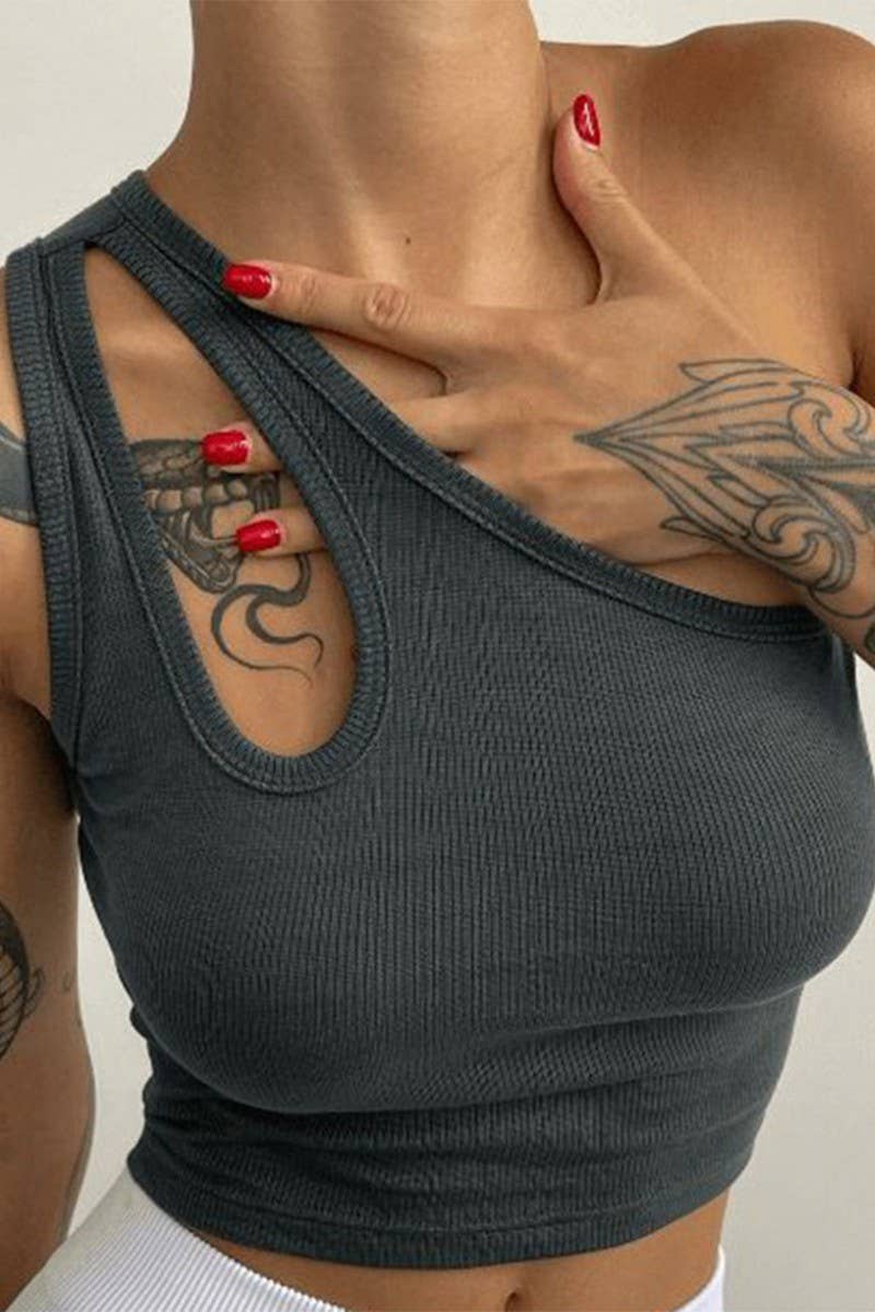 SLANT SHOULDER SLIM CROP CUTOUT SLEEVELESS TOP_CWTTK0309