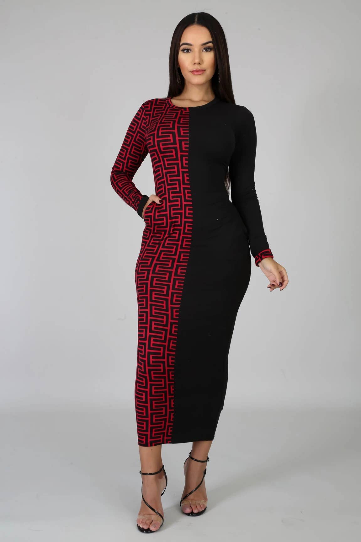 PATCHWORK PRINT FASHION SLIM-FIT LONG DRESS