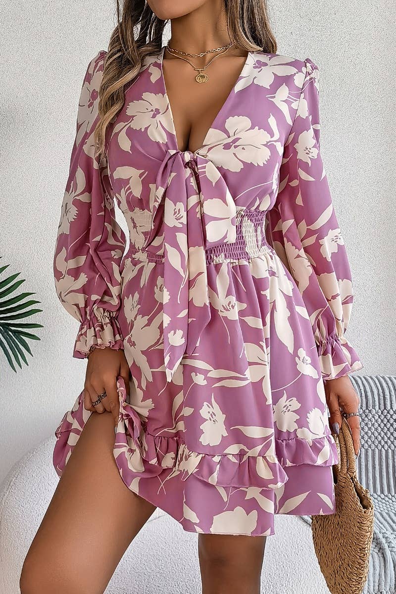 CWDSD6425_DEEP V FLORAL LACE-UP LONG-SLEEVED DRESS SHORT