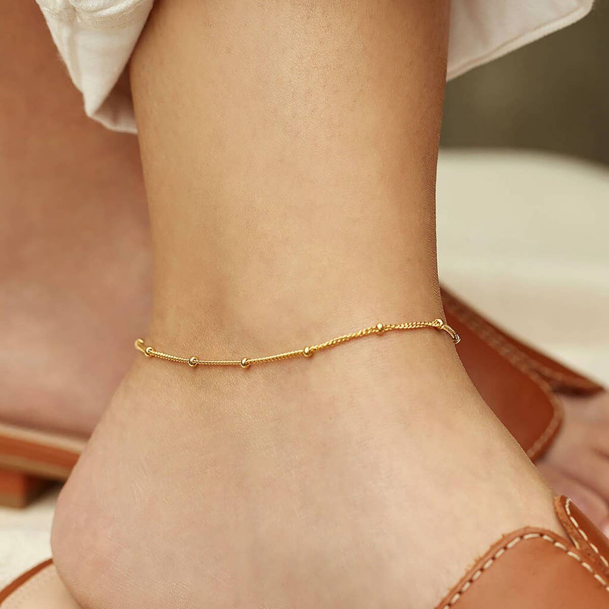 18K Gold Beaded Chain Anklet, Non-Tarnish_CWAJE4630