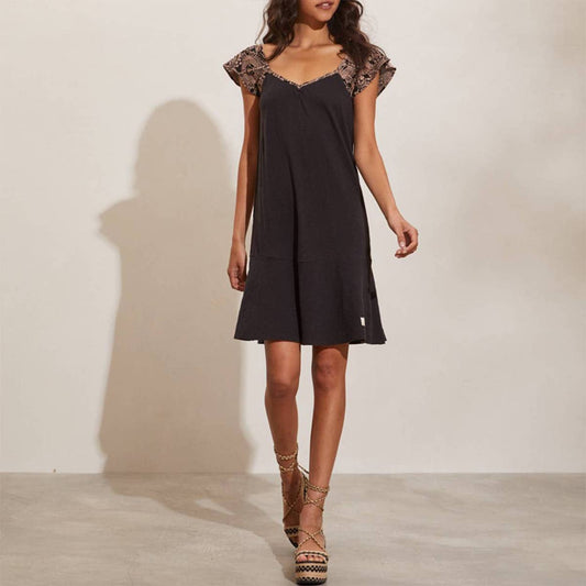 STYLISH PATCHWORK CONTRASTING V-NECK DRESS