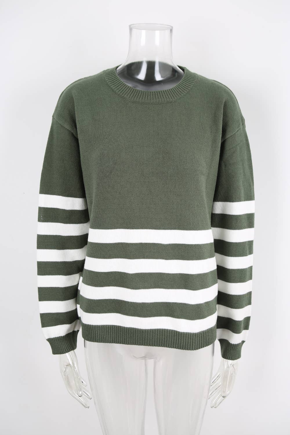 Round-neck, long-sleeved and striped sweater