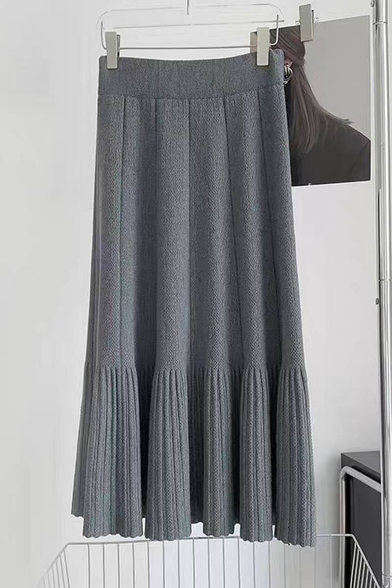 CWBLS0298_SOLID COLOR HIGH WAIST PLEATED KNITTED SKIRT