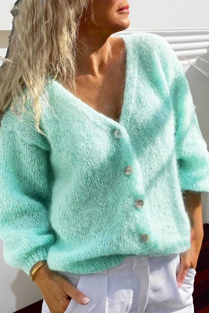 CWOCAL00721_DEEP V NECK SOLID BUTTON KNIT CARDIGAN