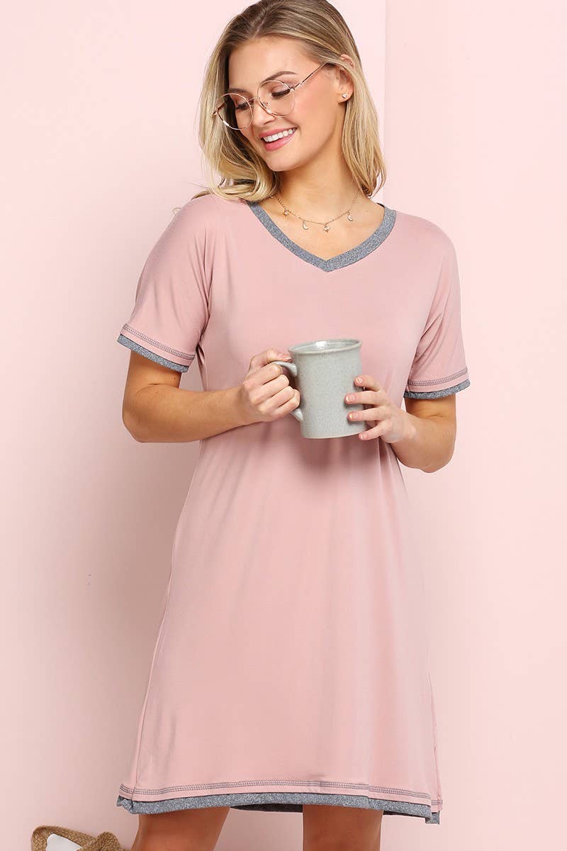 CWDSD10385_V-NECK SHORT SLEEVE SLEEPWEAR DRESS