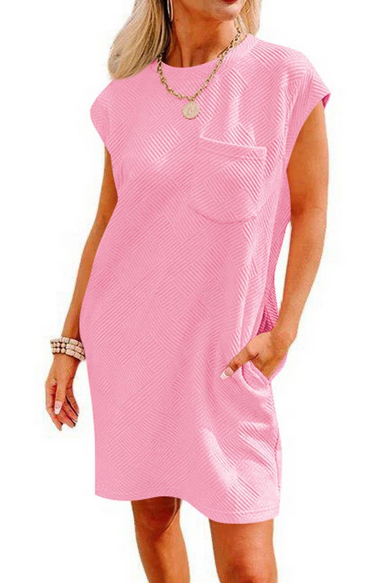CWDSD6682_CASUAL ROUND NECK POCKET SHORT SLEEVE LOOSE DRESS