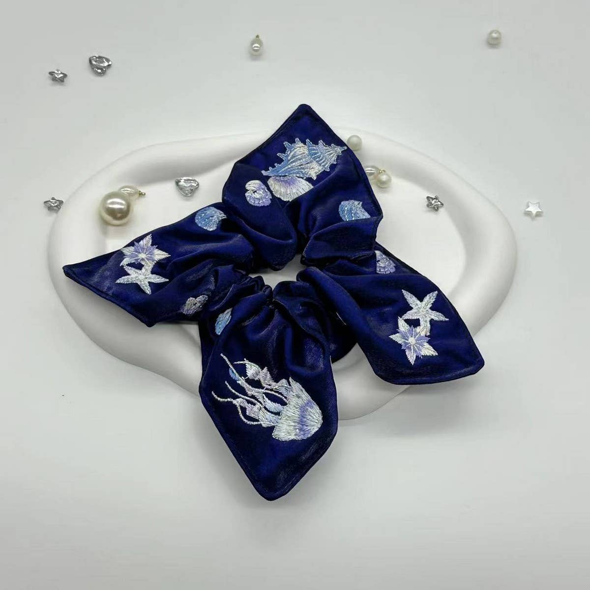 EMBROIDERED MARINE LIFE SQUARE SCARF HAIR TIE