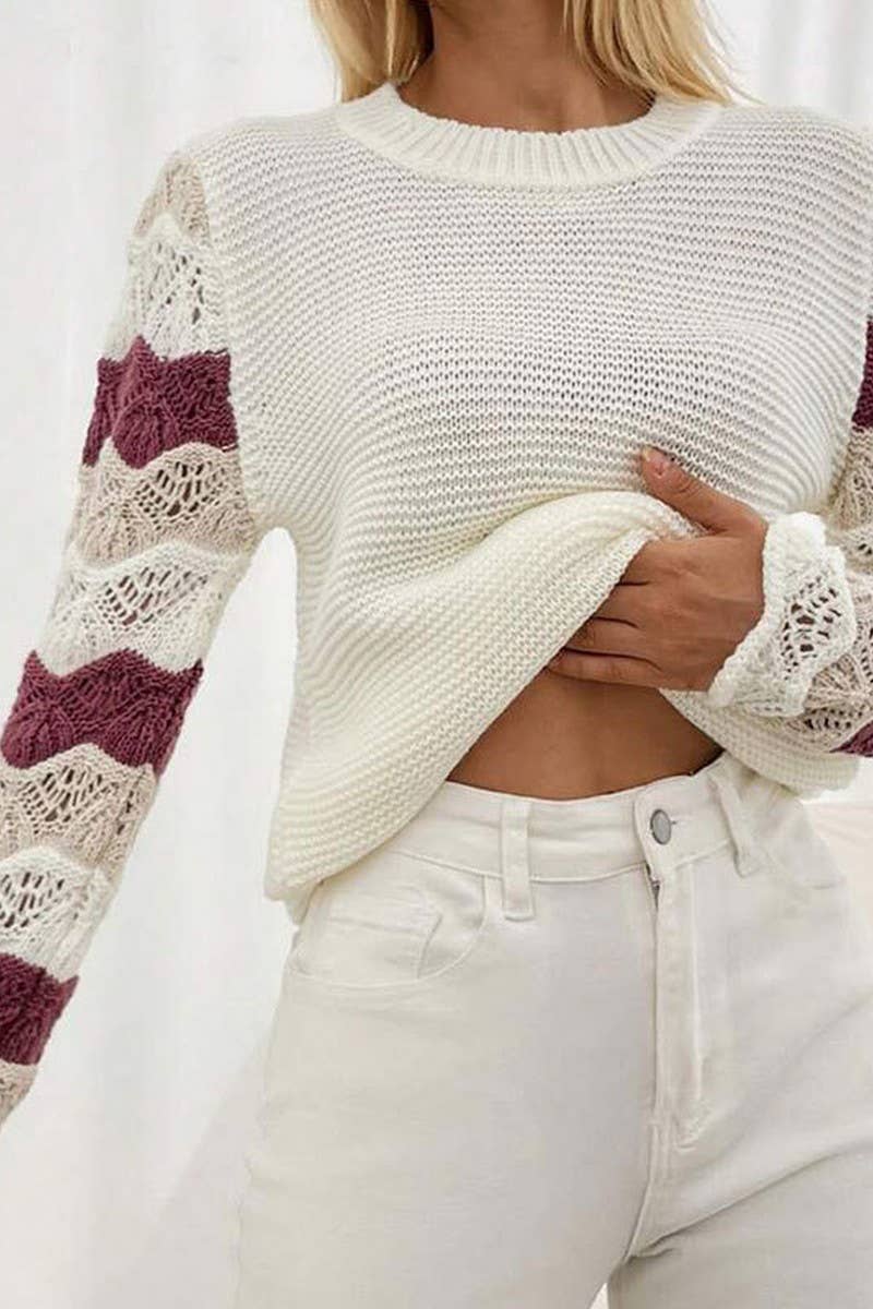 CWOSWL07359_LOOSE KNIT STRIPE COLORBLOCK HOLLOW SLEEVE TOP