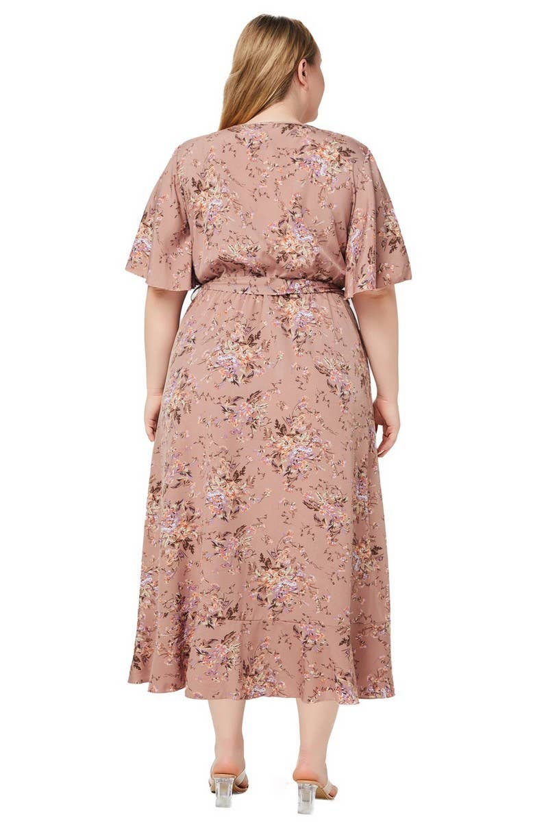 CWDMD3232_PLUS SIZED V-NECK RUFFLED PRINT POCKET DRESS