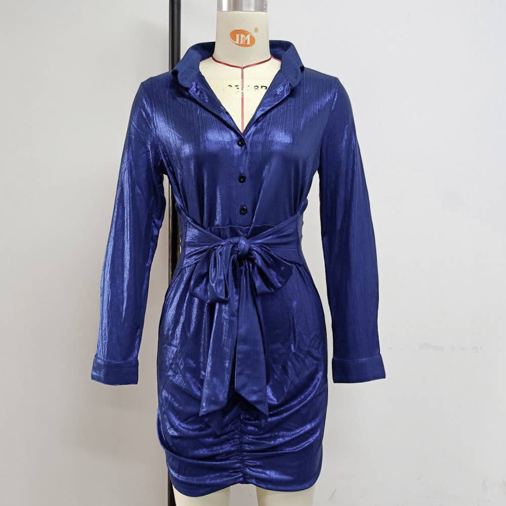 Stylish lapel bow lace-up slim short shirt dress