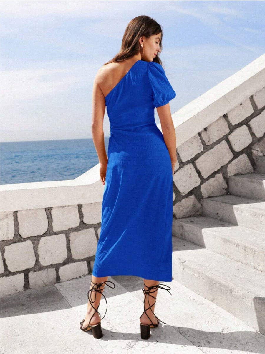 One shoulder frosted sleeve knot side split dress