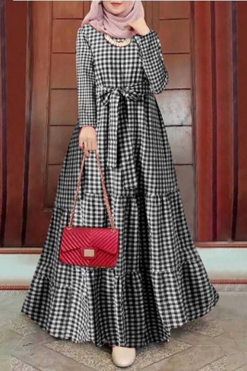 CWDMD3271_ROUND NECK PLAID BELT FULL SLEEVE MUSLIM DRESS