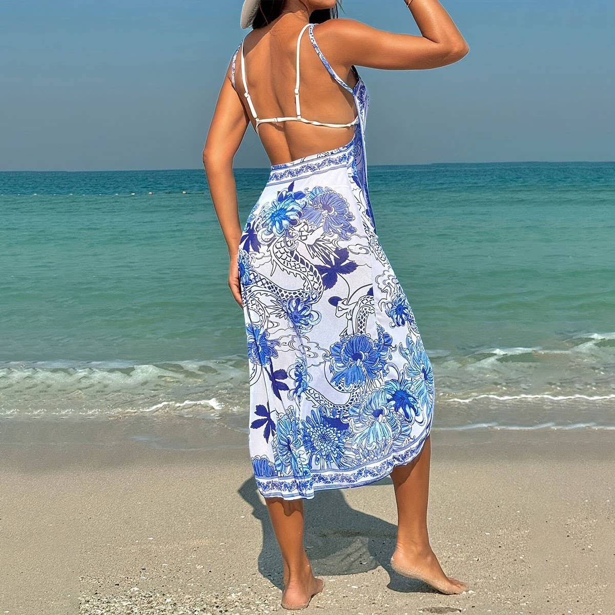 Versatile Print Beach Dress, Multi-Way Cape Style