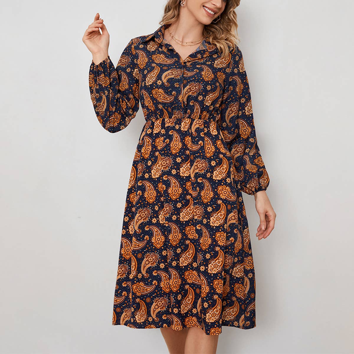 PRINTED A-LINE LONG SLEEVE FLORAL SHIRT DRESS