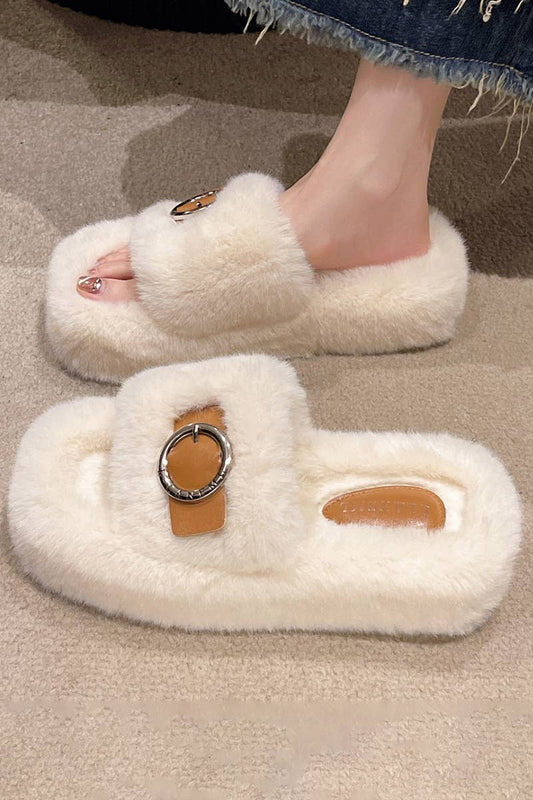 BUCKLE DECOR CRISS CROSS FLUFFY BEDROOM SLIPPERS_CWSHS0224