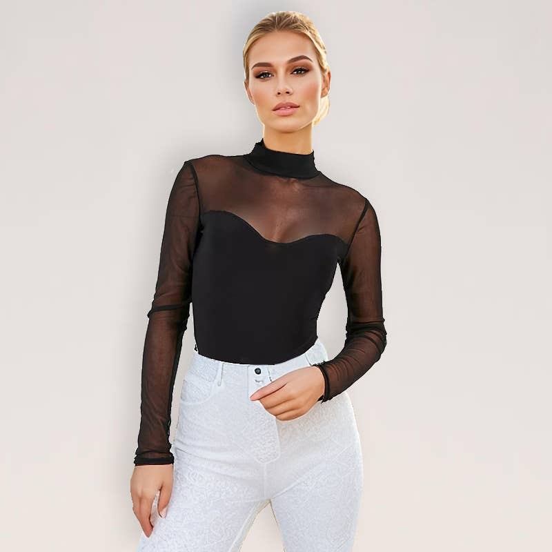 SEXY BLACK MESH PATCHWORK SLIM-FIT BASE JUMPSUIT