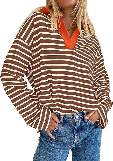 STRIPED V-NECK LOOSE LONG-SLEEVED HOODIE