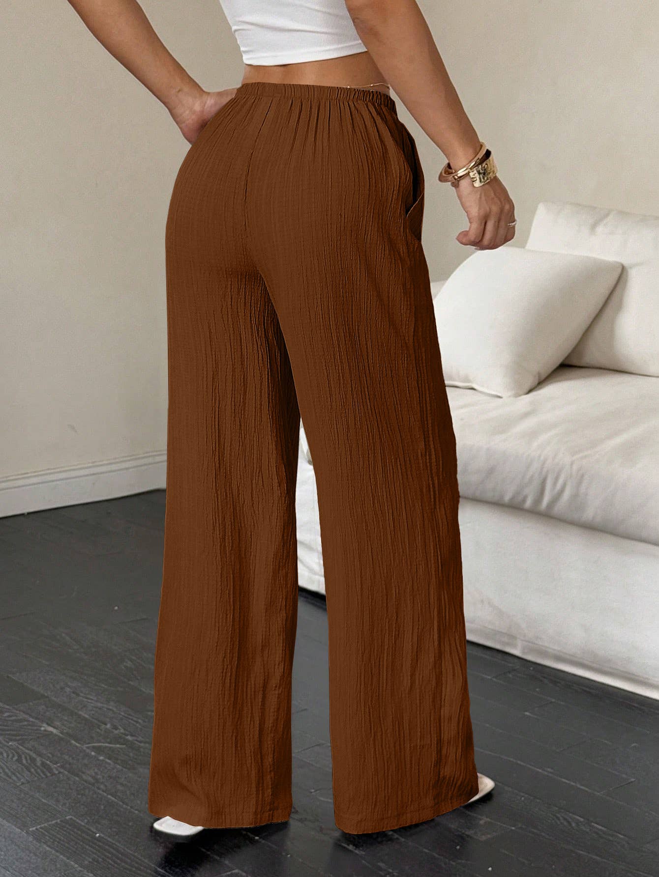 Solid-color textured drawstring wide-leg pants