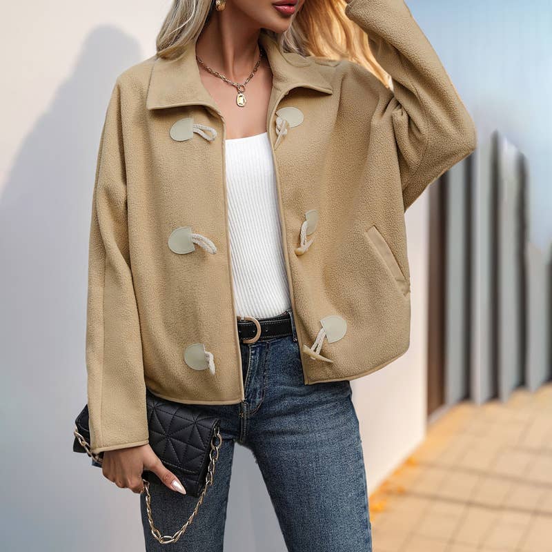 SHORT LOOSE FLEECE LAPEL HORN BUTTON JACKET