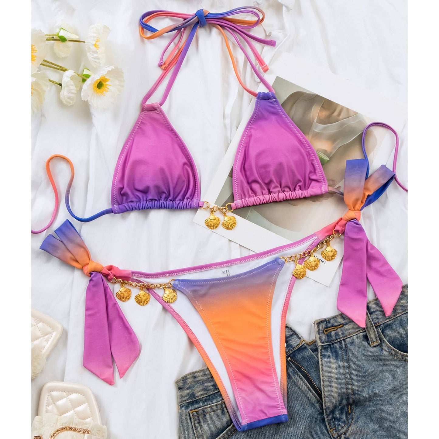 Gradient Bikini Set - Sexy Shell Detail Swimsuit