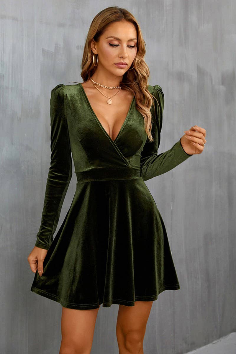 CWDSD6466_V-NECK LEG-OF-MUTTON SLEEVE A-LINE VELVET DRESS