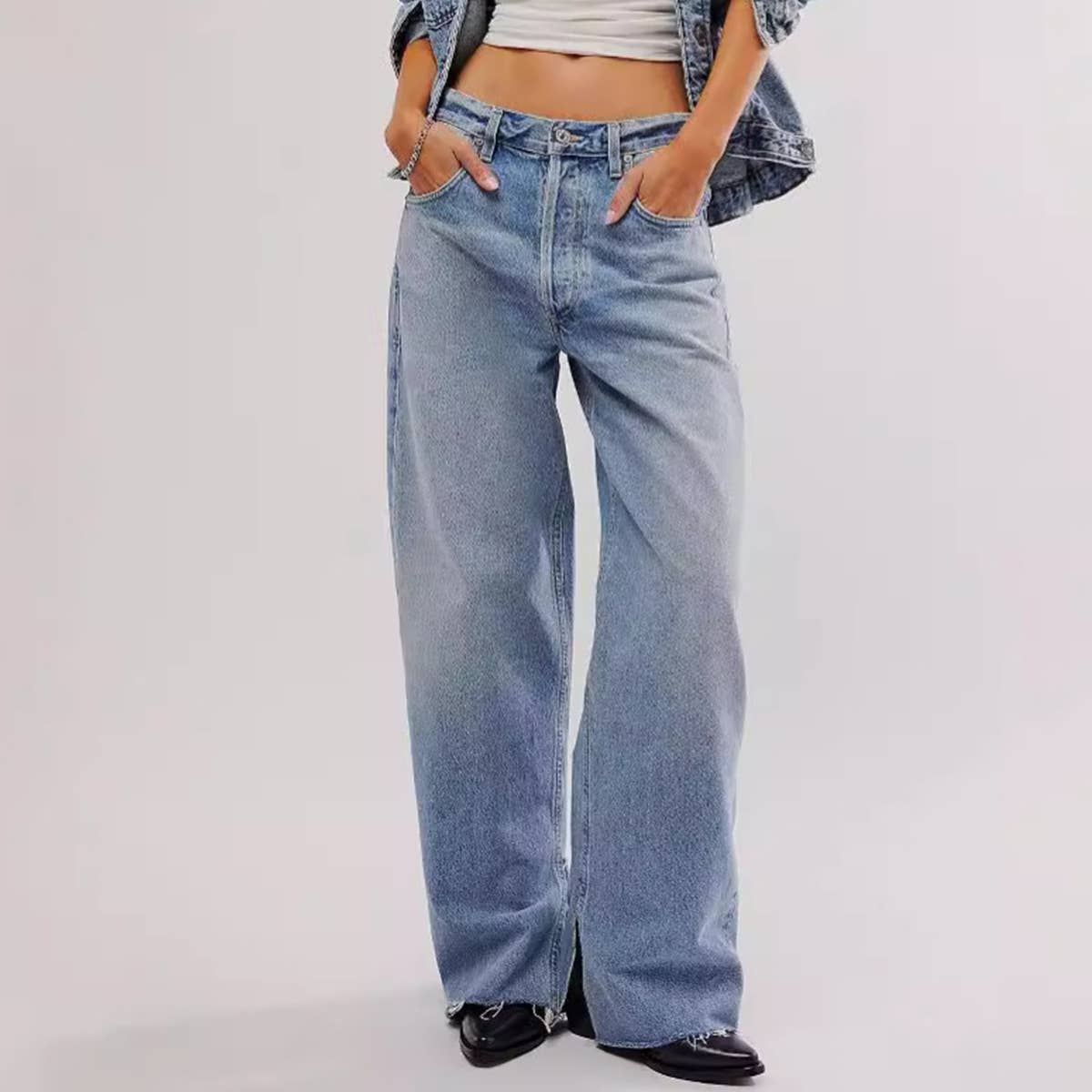 Fashionable split straight-leg pants washed jeans