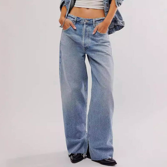 Fashionable split straight-leg pants washed jeans