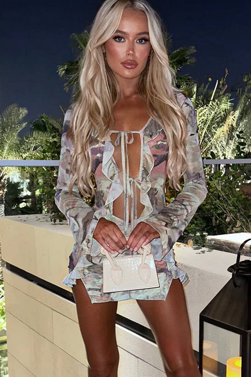 CWDSD6660_RUFFLED PRINT LONG SLEEVE TIE DRESS