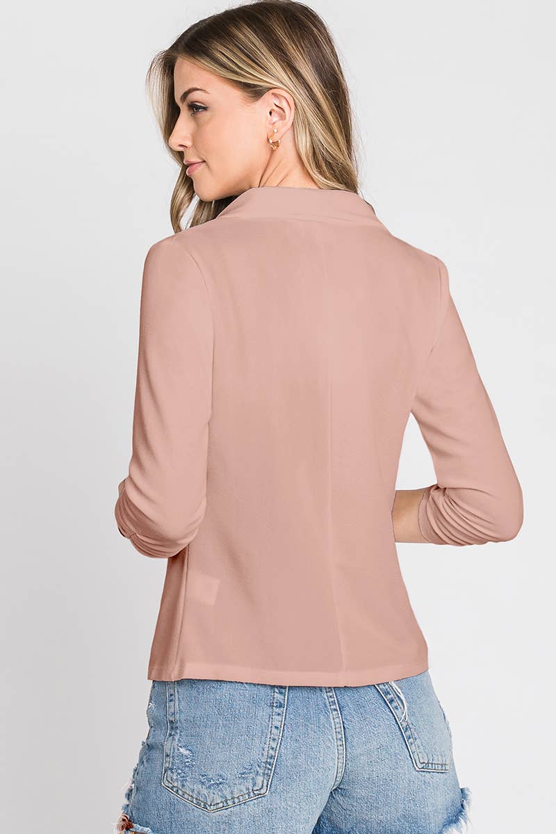 CWOBL101_Casual Work Ruched 3/4 Sleeve Open Front Blazer